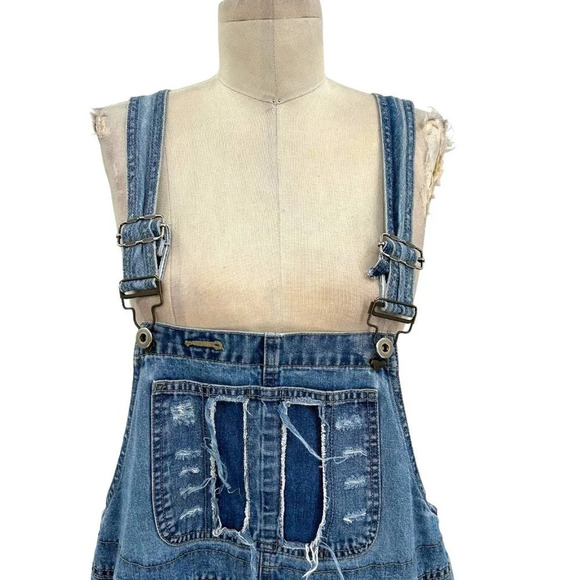 Furst of a Kind Distressed Denim Medium Wash Overall Dress Shortalls Size Medium - Picture 2 of 6